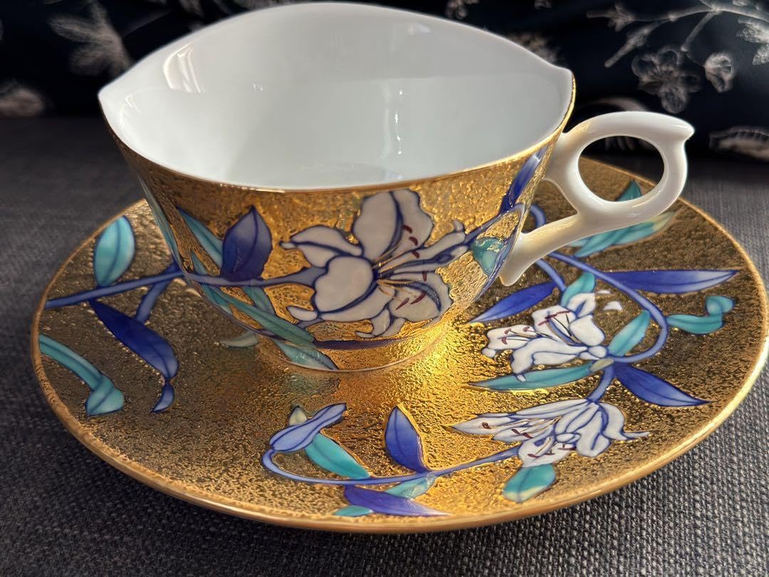 金彩カサブランカ絵 珈琲碗伝統工芸士「江口天童」作金龍窯